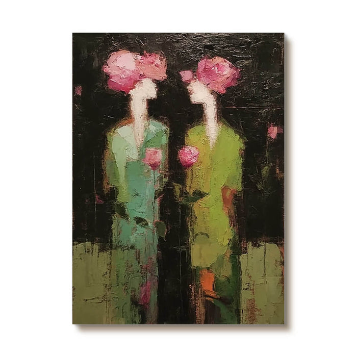 Green Gowns and Rose Hearts botanical figure wall art with rose and green tones