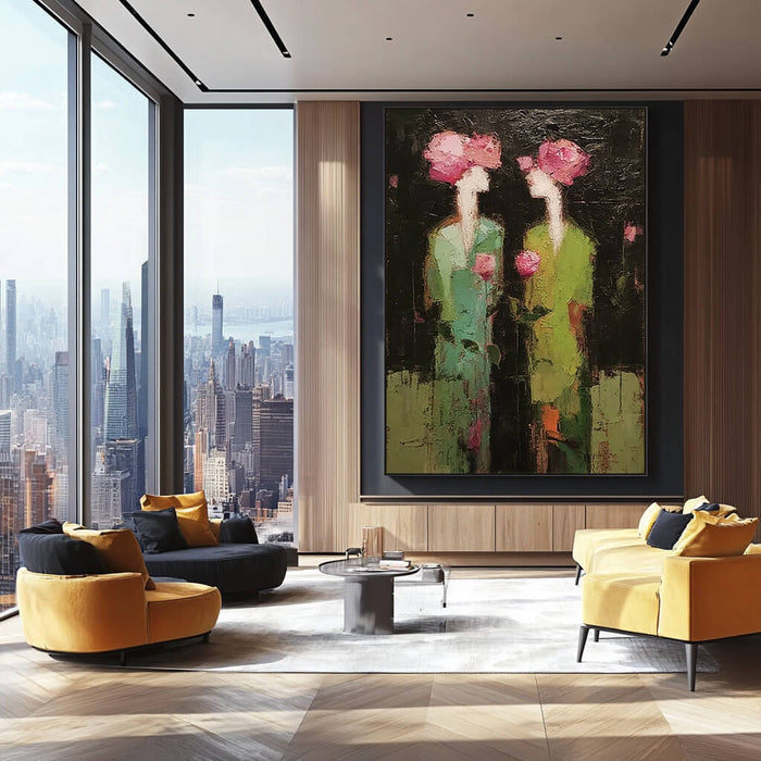 Green Gowns and Rose Hearts framed canvas print styled in an elegant room