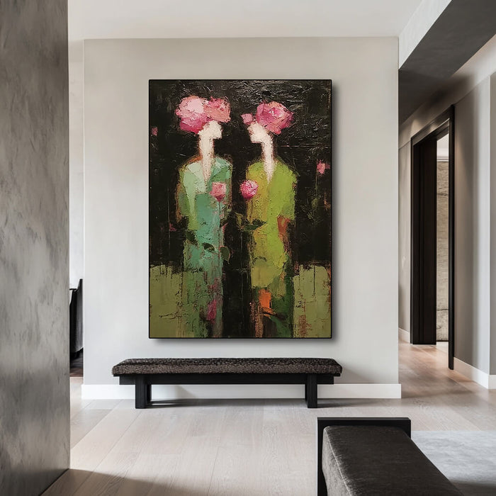 Green Gowns and Rose Hearts large botanical figure artwork for modern decor