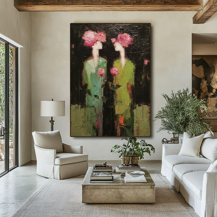 Green Gowns and Rose Hearts abstract oil painting with roses and human forms