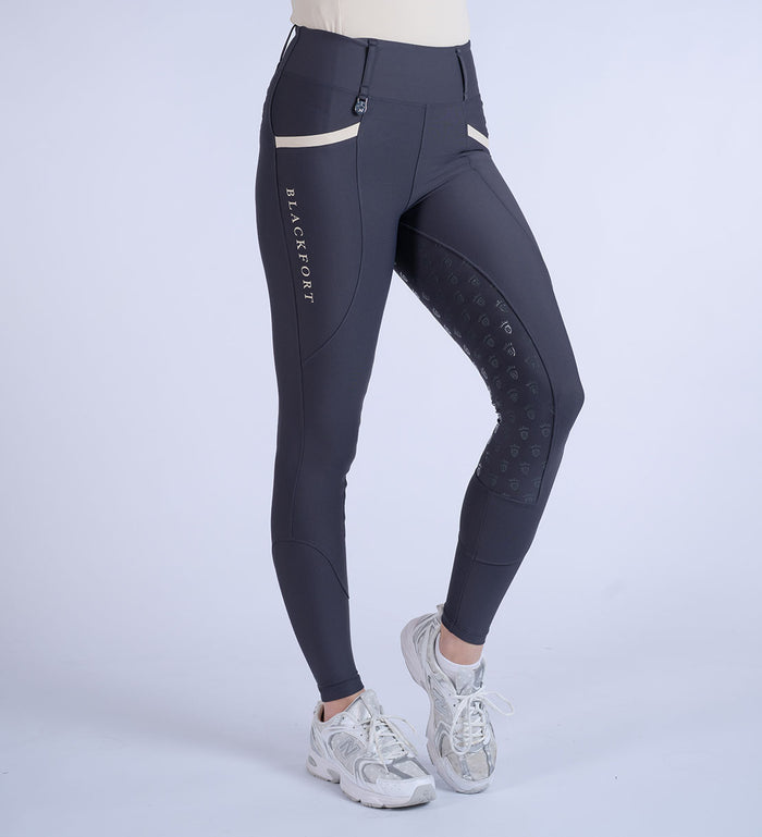 Blackfort Equestrian Women's grey and sand training tights riding leggings full silicone seat two phone pockets belt loops