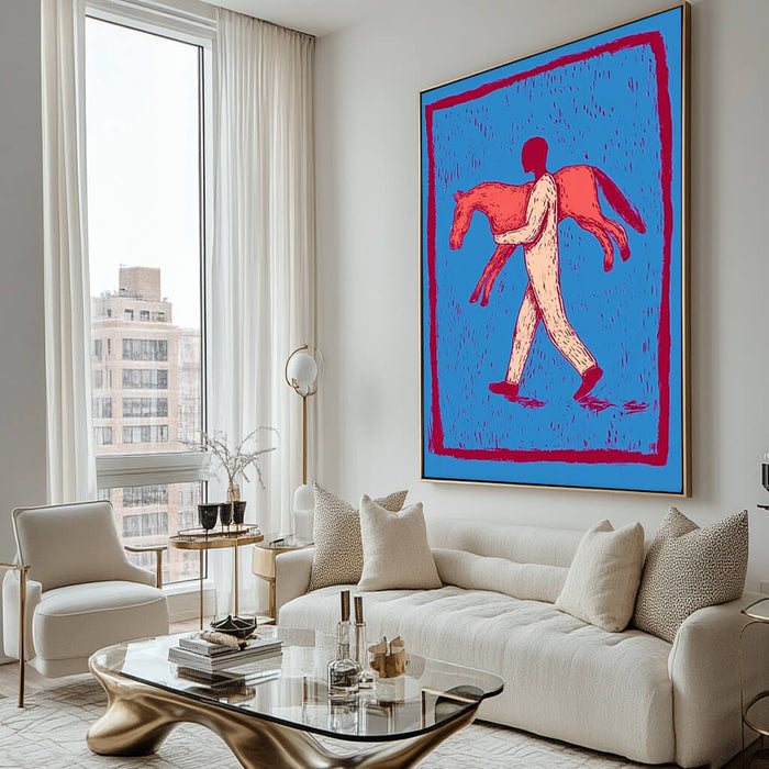Guardian expressionist western painting with vintage block-print texture