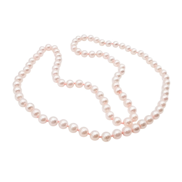 Hand Knotted Pink Imitation Pearl Necklace 31 Inch Graduated Classic Strand