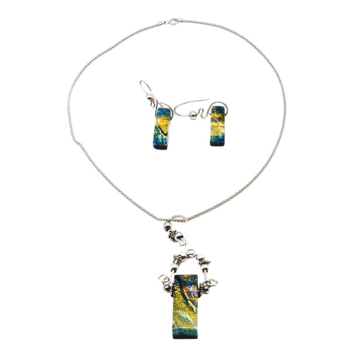 Handmade Art Glass Sterling Silver Pendant Necklace Dangle Earrings Set