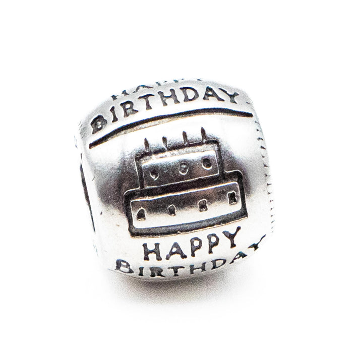 Happy Birthday Barrel Sterling Silver Charm With Cake