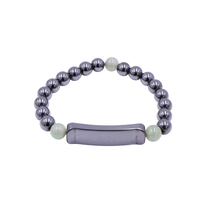 Hematite & Green Aventurine Stretch ID Bracelet Metallic Gray Beads 7 Inches