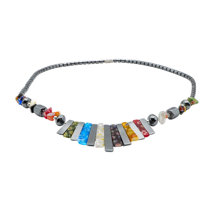 Hematite Millefiori Glass Bib Necklace 19 Inches
