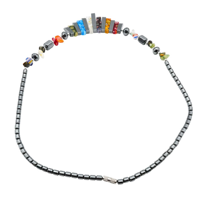 Hematite Millefiori Glass Bib Necklace 19 Inches