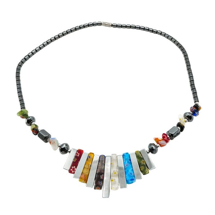 Hematite Millefiori Glass Bib Necklace 19 Inches