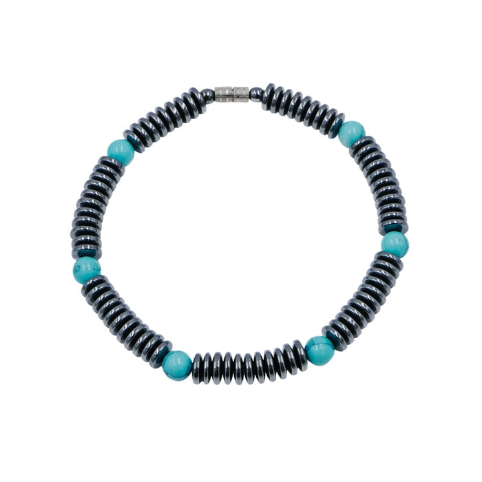 Hematite Turquoise Glass Beaded Bracelet Magnetic Clasp 7.9 Inches