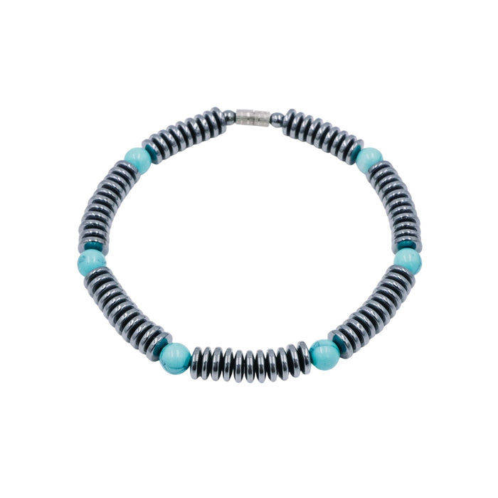 Hematite Turquoise Glass Beaded Bracelet Magnetic Clasp 7.9 Inches