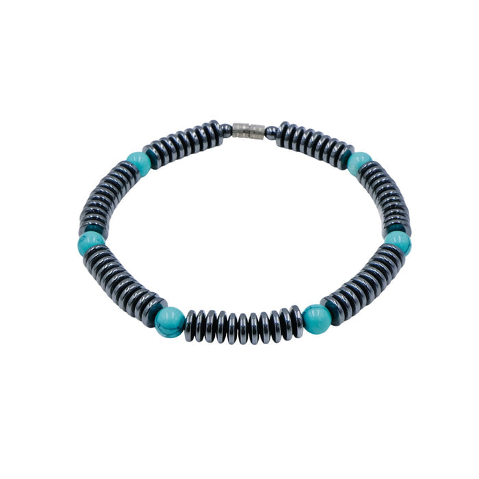 Hematite Turquoise Glass Beaded Bracelet Magnetic Clasp 7.9 Inches