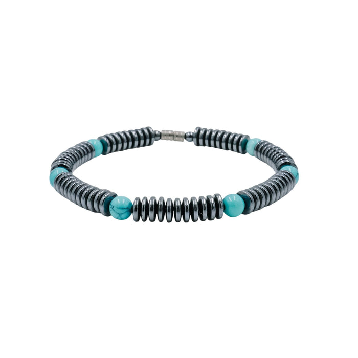 Hematite Turquoise Glass Beaded Bracelet Magnetic Clasp 7.9 Inches