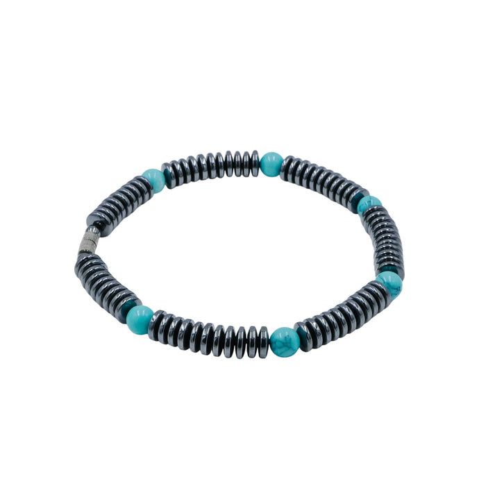 Hematite Turquoise Glass Beaded Bracelet Magnetic Clasp 7.9 Inches
