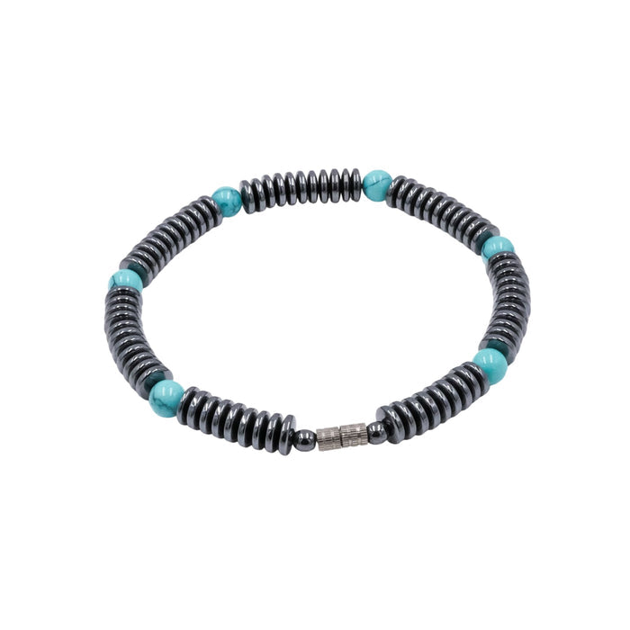 Hematite Turquoise Glass Beaded Bracelet Magnetic Clasp 7.9 Inches