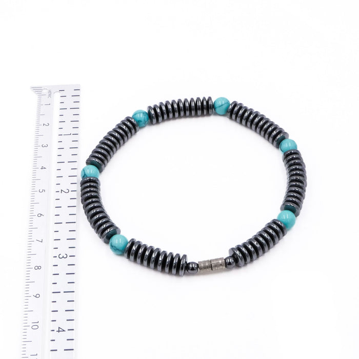 Hematite Turquoise Glass Beaded Bracelet Magnetic Clasp 7.9 Inches