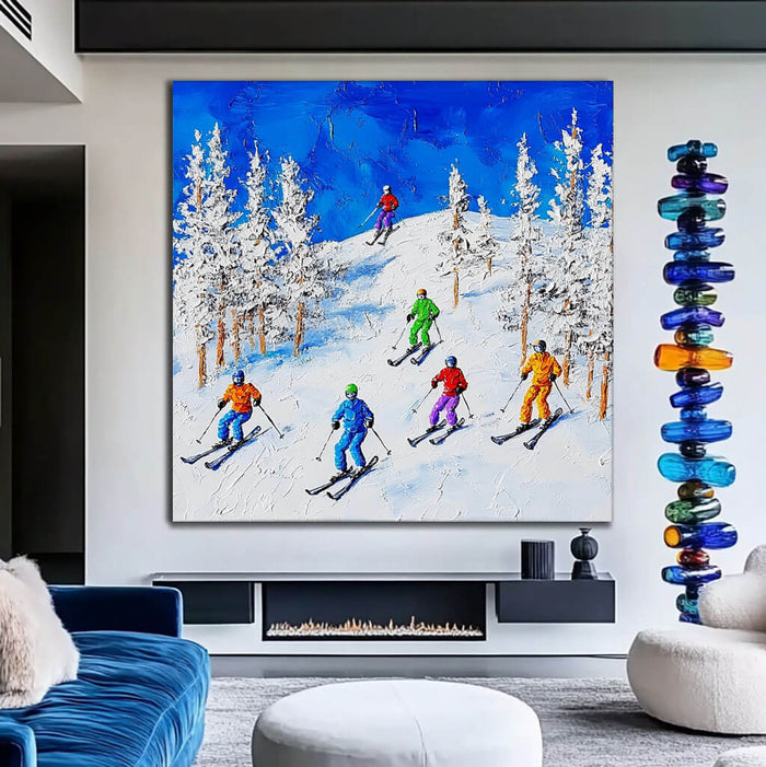 Colorful Skiing Scene Painting - Winter Sports Canvas Art - Hit the Slopes I - Hues Art Lab