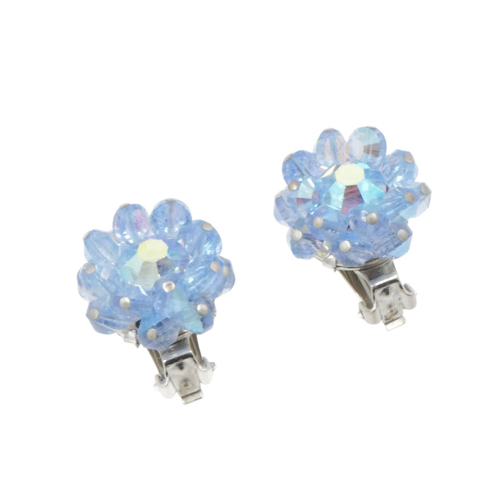 Hobe Blue Aurora Borealis Crystal Flower Clip Earrings Vintage 1"