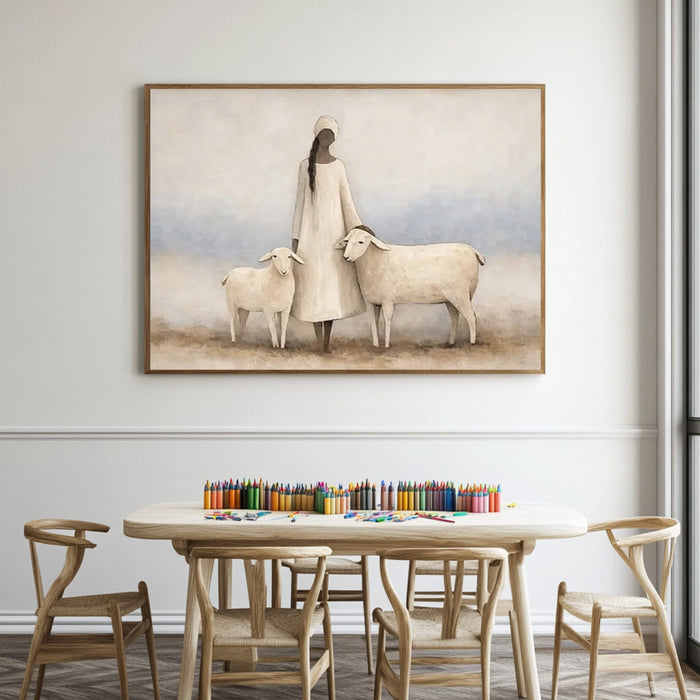 soft figurative woman and sheep wall art displayed in a styled living room
