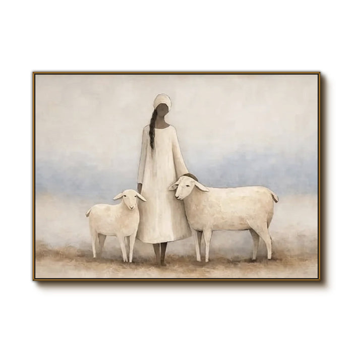 soft figurative woman and sheep wall art on a clean white background