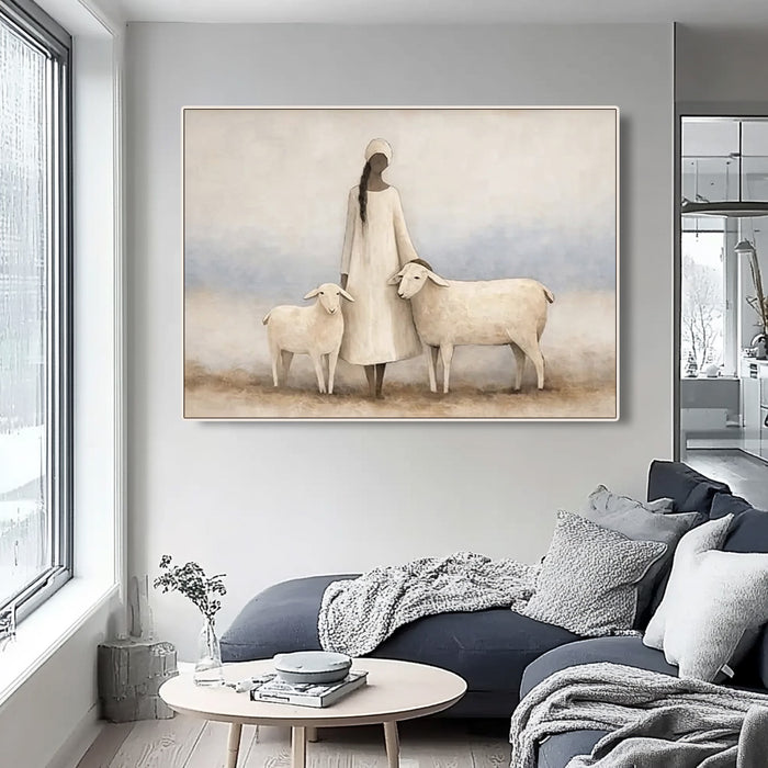 soft figurative woman and sheep wall art in a coordinated modern interior