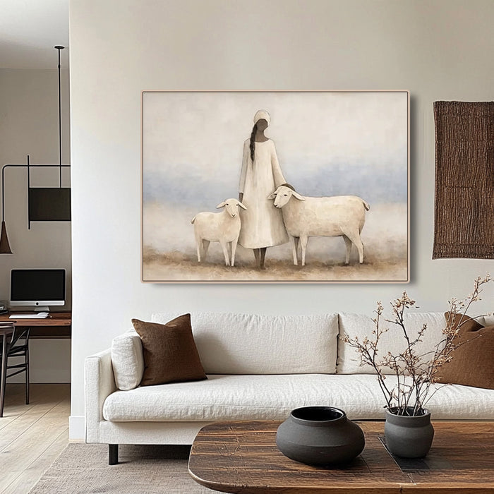 soft figurative woman and sheep wall art in a coordinated modern interior