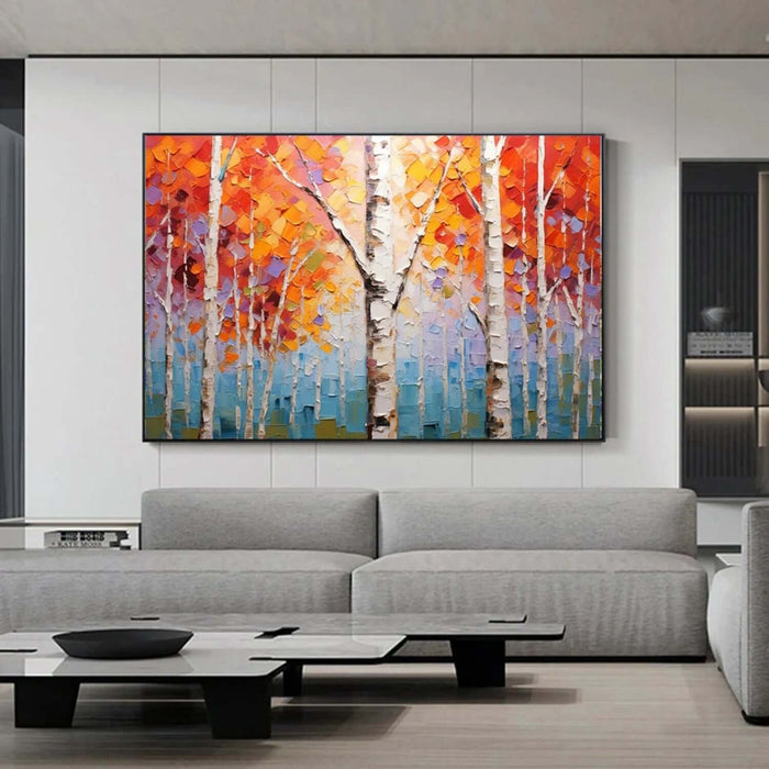 Large Textured Canvas Art - Red Orange Birch Trees Wall Painting for Living or Dining Room - Life Abounds - Hues Art Lab