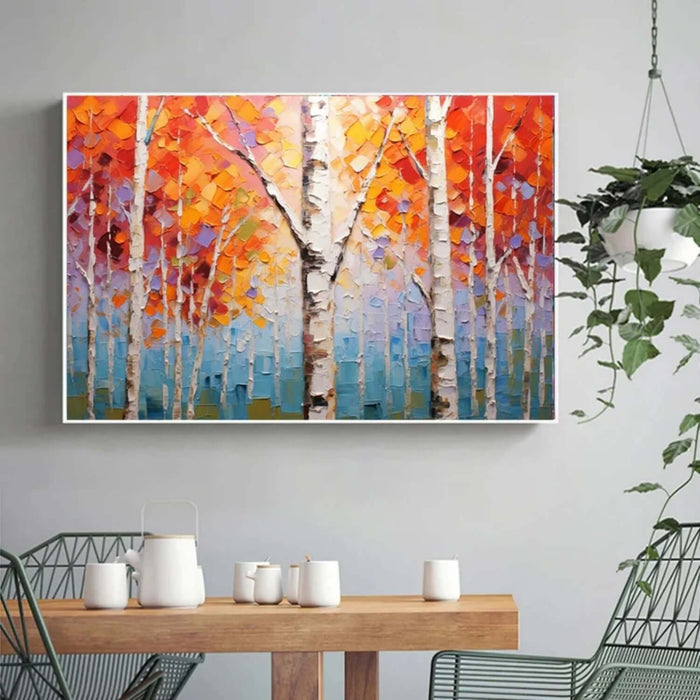 Large Textured Canvas Art - Red Orange Birch Trees Wall Painting for Living or Dining Room - Life Abounds - Hues Art Lab