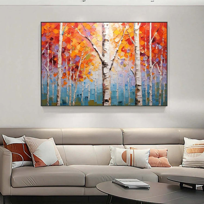 Large Textured Canvas Art - Red Orange Birch Trees Wall Painting for Living or Dining Room - Life Abounds - Hues Art Lab