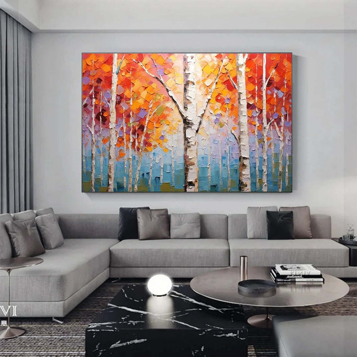 Large Textured Canvas Art - Red Orange Birch Trees Wall Painting for Living or Dining Room - Life Abounds - Hues Art Lab