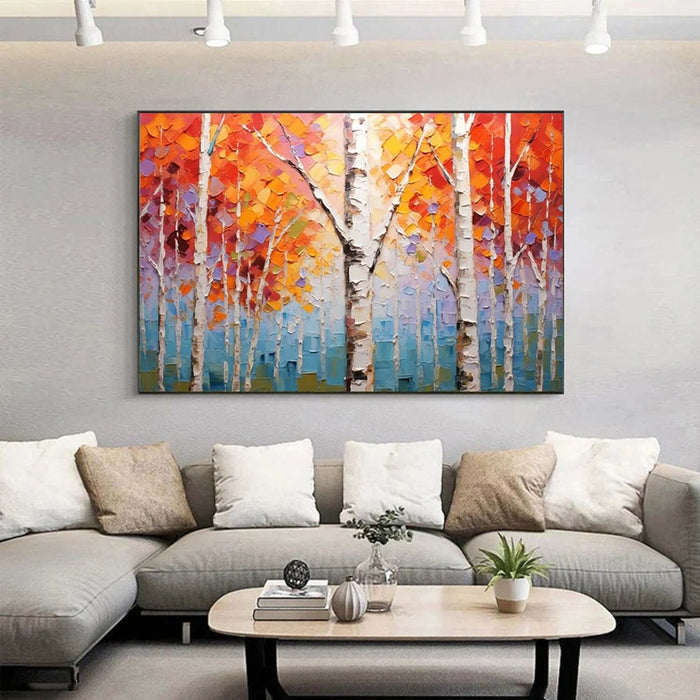 Large Textured Canvas Art - Red Orange Birch Trees Wall Painting for Living or Dining Room - Life Abounds - Hues Art Lab
