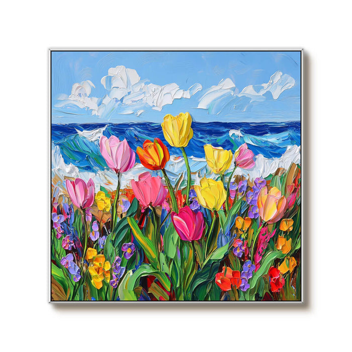 Coastal Tulip Field Wall Art - Vibrant Flowers and Ocean View Canvas - Life Is - Hues Art Lab