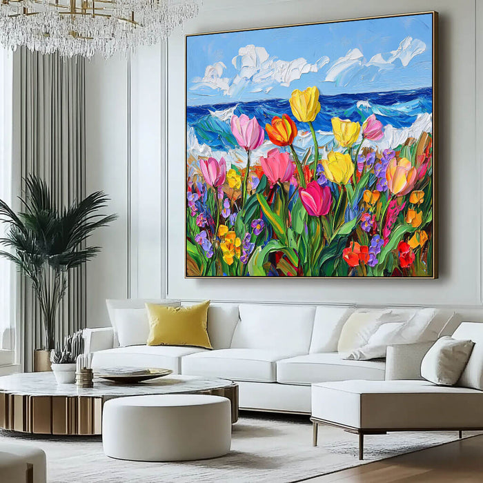 Coastal Tulip Field Wall Art - Vibrant Flowers and Ocean View Canvas - Life Is - Hues Art Lab