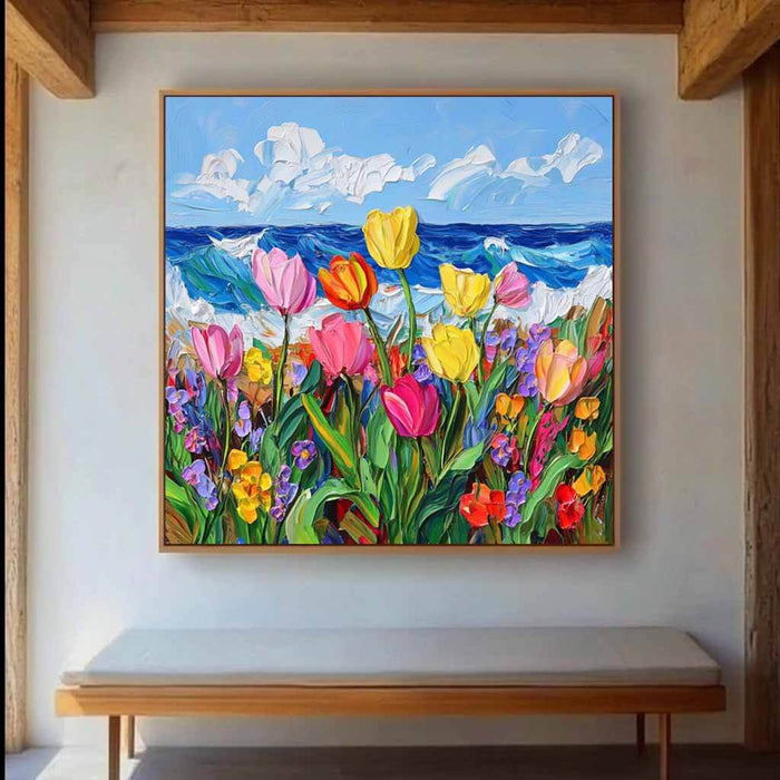 Coastal Tulip Field Wall Art - Vibrant Flowers and Ocean View Canvas - Life Is - Hues Art Lab