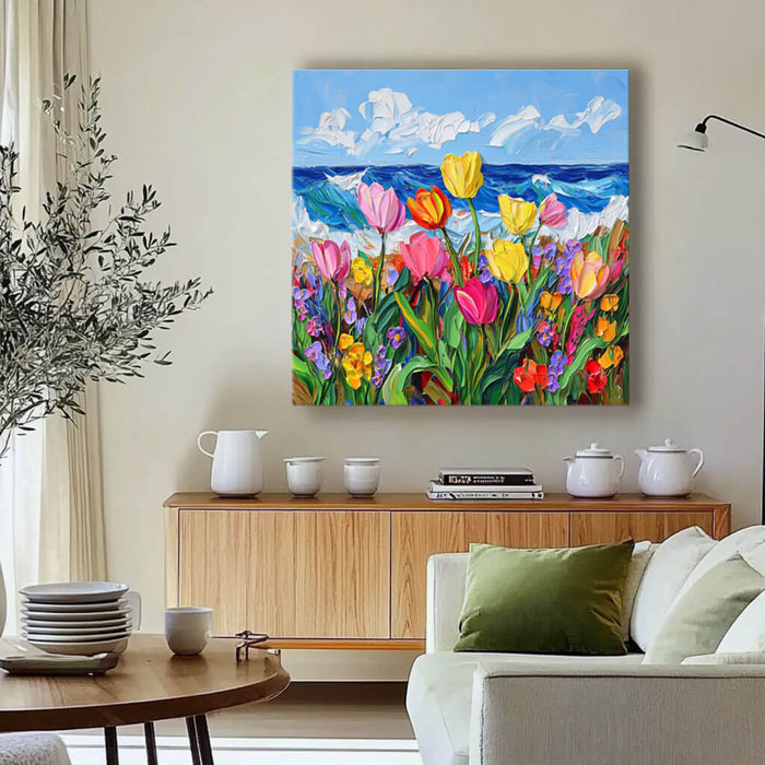 Coastal Tulip Field Wall Art - Vibrant Flowers and Ocean View Canvas - Life Is - Hues Art Lab