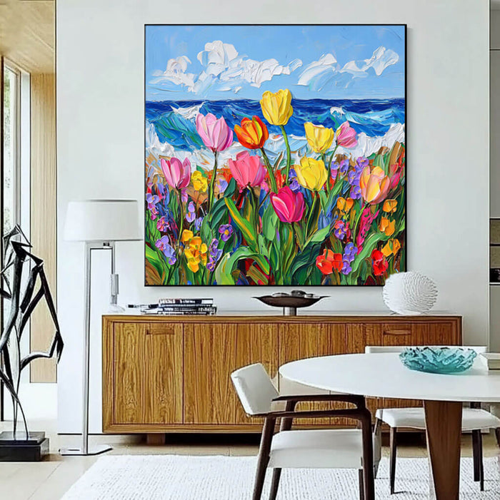 Coastal Tulip Field Wall Art - Vibrant Flowers and Ocean View Canvas - Life Is - Hues Art Lab