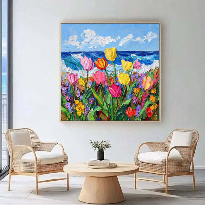 Coastal Tulip Field Wall Art - Vibrant Flowers and Ocean View Canvas - Life Is - Hues Art Lab