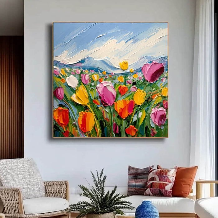 Colorful Tulip Meadow Artwork - Textured Floral Wall Decor - Life Is II - Hues Art Lab