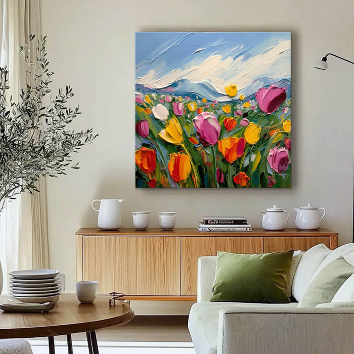 Colorful Tulip Meadow Artwork - Textured Floral Wall Decor - Life Is II - Hues Art Lab