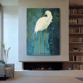 Light of the Marsh large white heron abstract landscape oil painting by Hues Art Lab