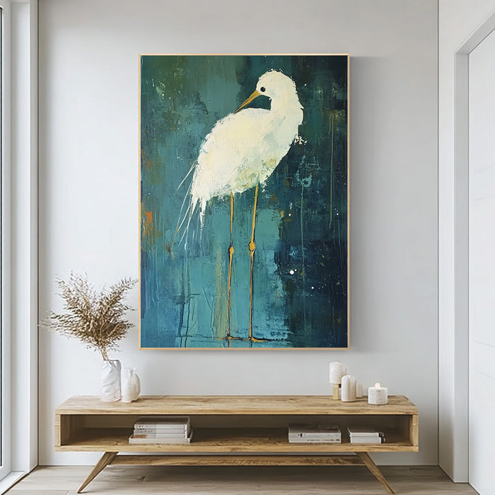 Light of the Marsh framed heron canvas print styled in a calm room