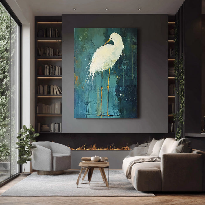 Light of the Marsh abstract oil painting with wetland mood and white bird focal point