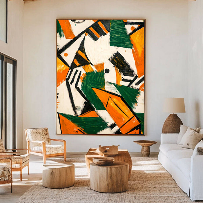 Bold Abstract Geometric Wall Art - Modern Green & Orange Canvas Decor - Little Story - Hues Art Lab