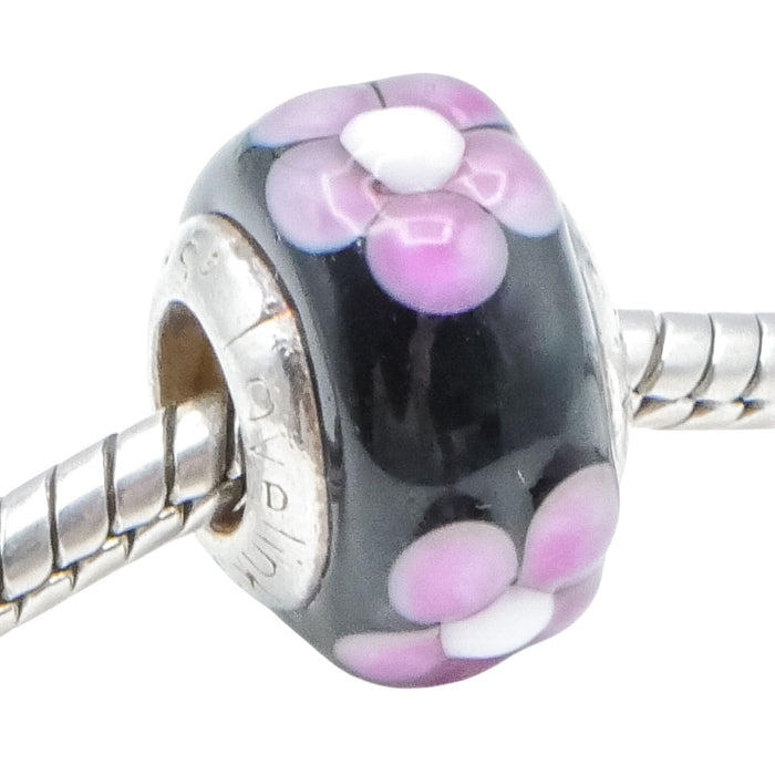 Lovelinks By Aagaard Black Murano Glass Charm With Pink Flowers