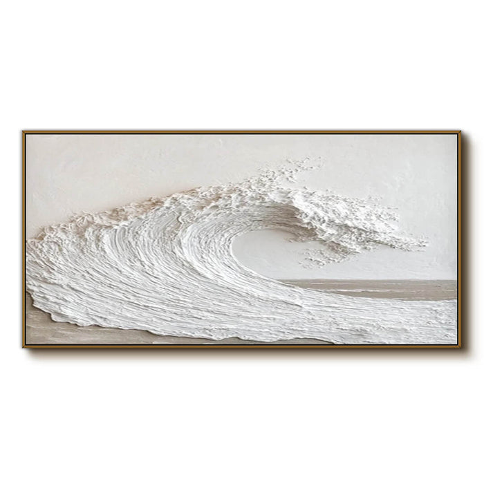 Off-White Panoramic Ocean Wave Plaster Texture Painting - Large Seascape Wall Art for Living Room and Bedroom - Majestic Waves - Hues Art Lab