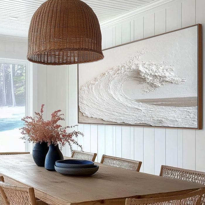 Off-White Panoramic Ocean Wave Plaster Texture Painting - Large Seascape Wall Art for Living Room and Bedroom - Majestic Waves - Hues Art Lab