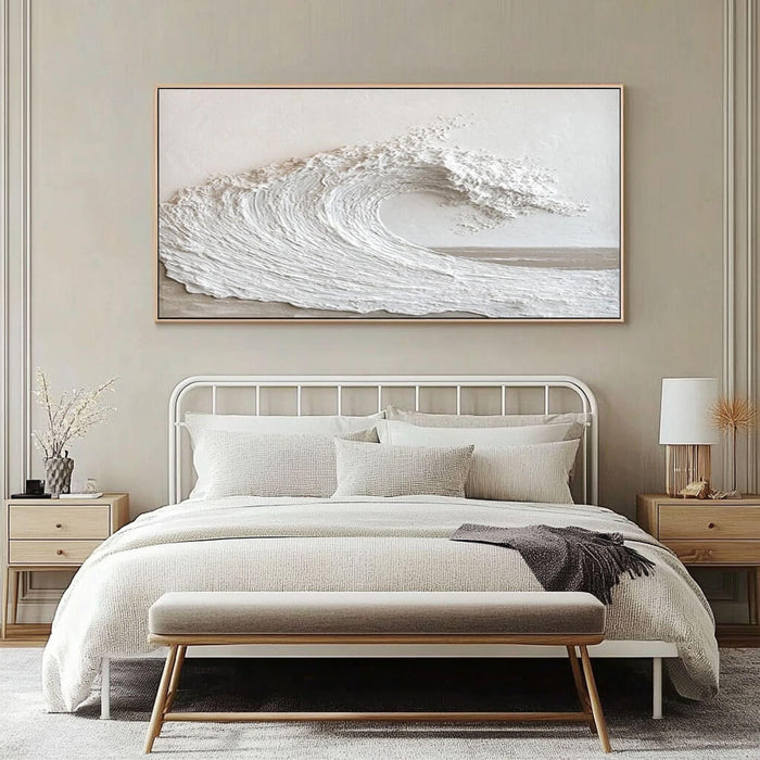 Off-White Panoramic Ocean Wave Plaster Texture Painting - Large Seascape Wall Art for Living Room and Bedroom - Majestic Waves - Hues Art Lab