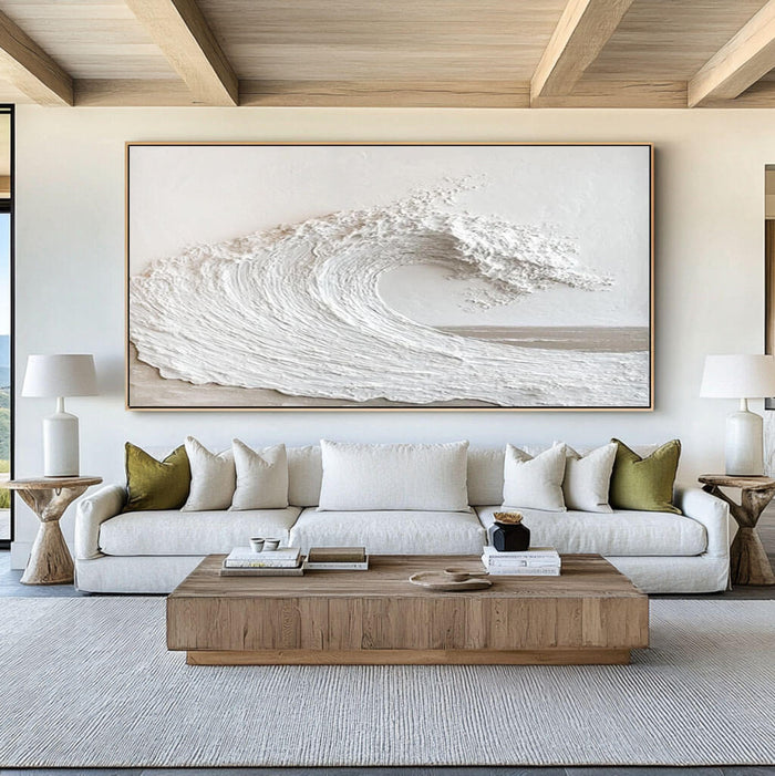 Off-White Panoramic Ocean Wave Plaster Texture Painting - Large Seascape Wall Art for Living Room and Bedroom - Majestic Waves - Hues Art Lab