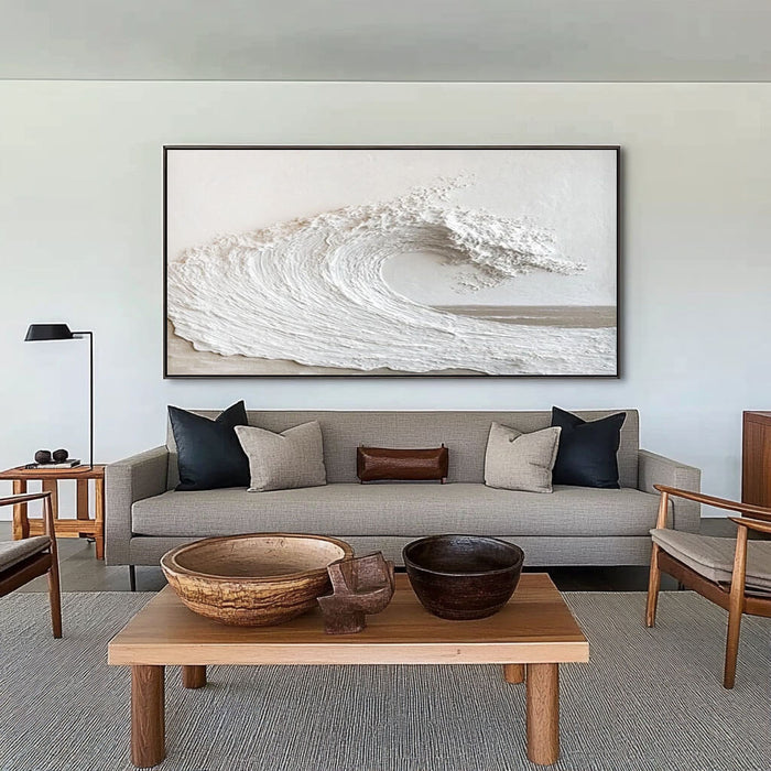 Off-White Panoramic Ocean Wave Plaster Texture Painting - Large Seascape Wall Art for Living Room and Bedroom - Majestic Waves - Hues Art Lab
