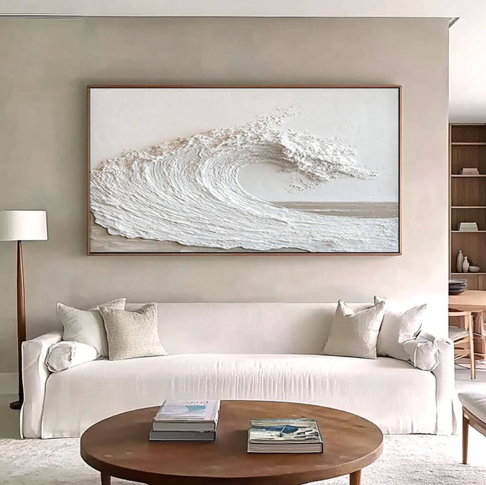 Off-White Panoramic Ocean Wave Plaster Texture Painting - Large Seascape Wall Art for Living Room and Bedroom - Majestic Waves - Hues Art Lab